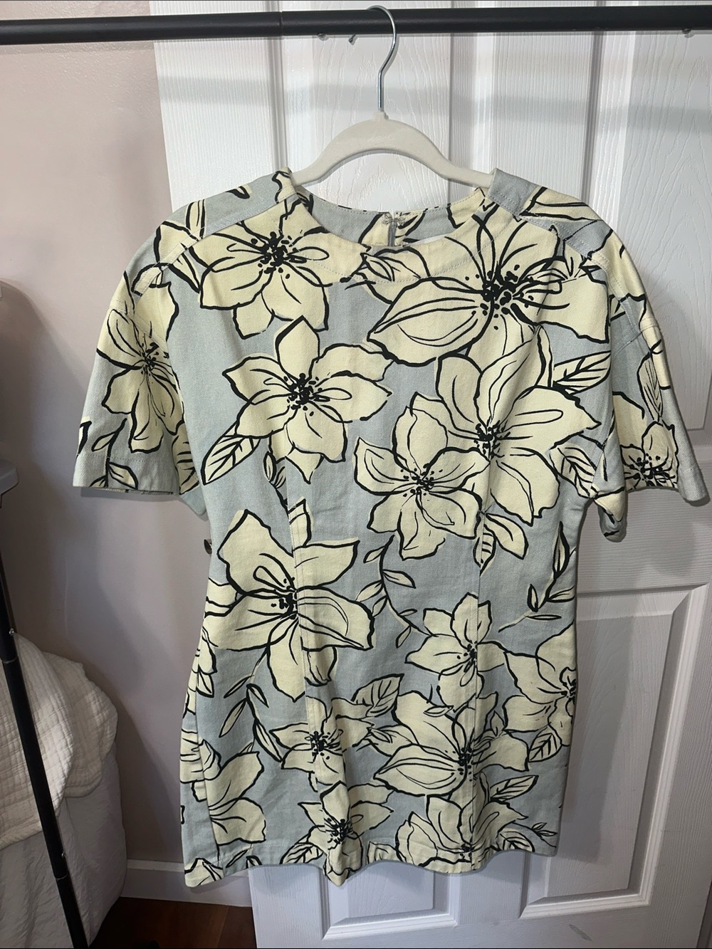 Anthropologie Cream Floral Print Mini Dress with Light Blue Base